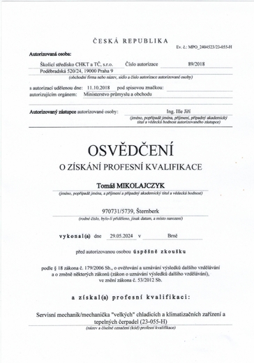 Certifikát chladící zařízení Tom.jpg